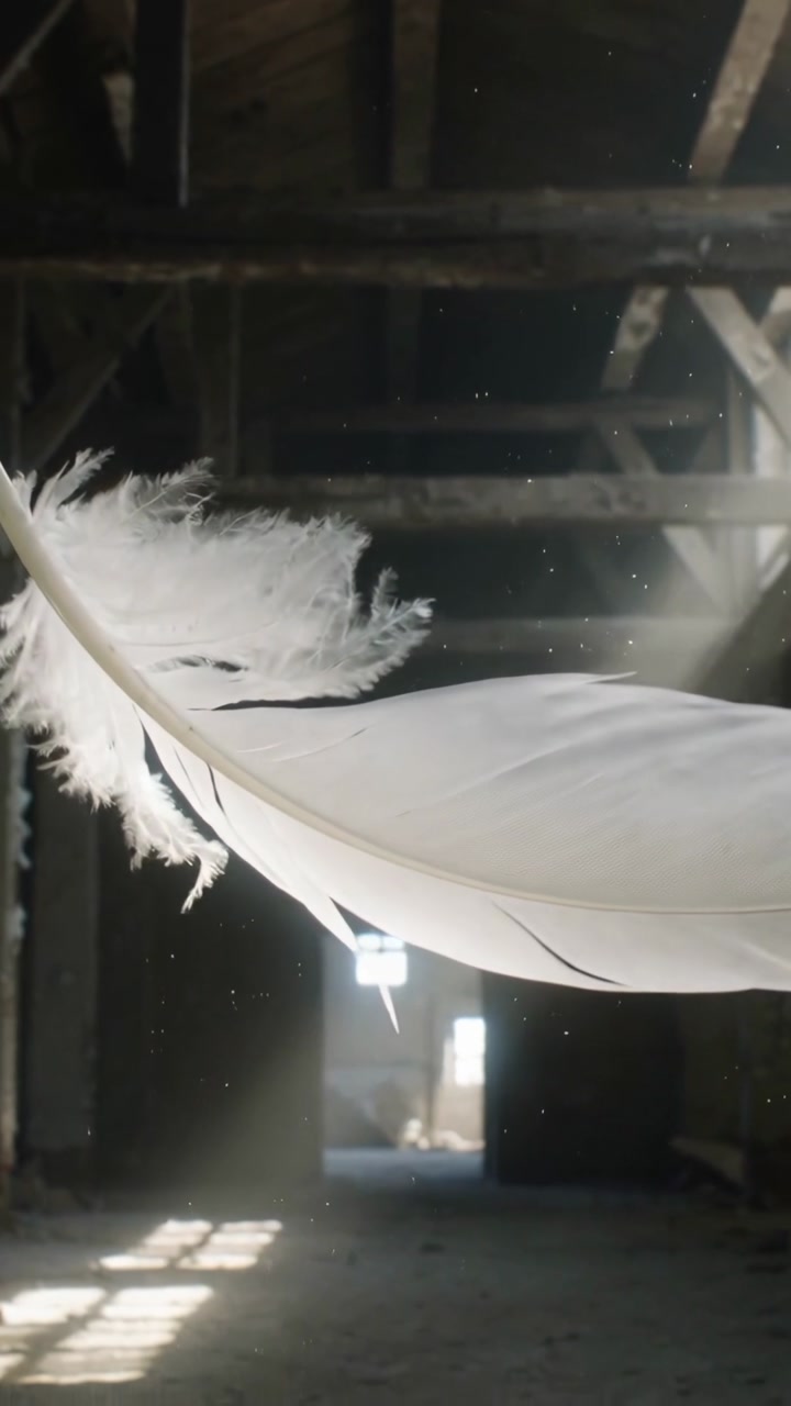 Vertical video: Drifting white feather rotating across barn loft, breeze from window moving motes