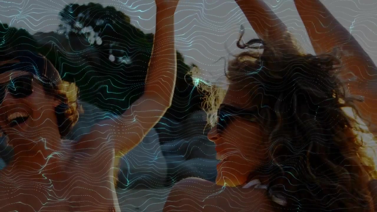 Central duo dancing on beach, camera zooming as wavy overlay accenting shades and headband for ads