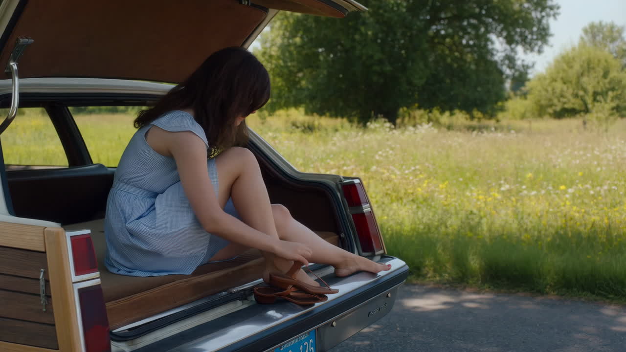 Woman sitting in back of station wagon
