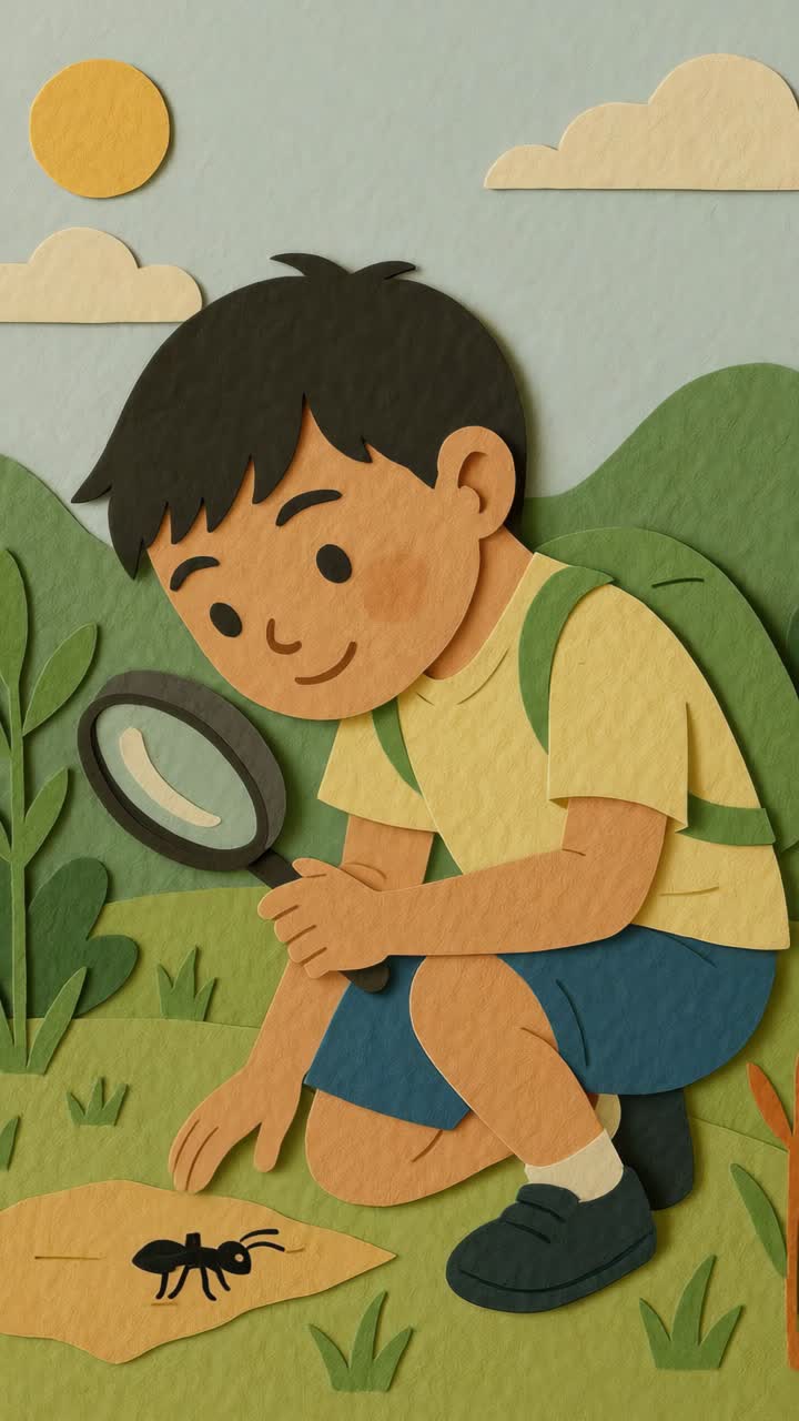 A playful, paper-cut style illustration of a child examining an ant with a magnifying glass