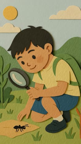 a playful, paper-cut style illustration of a child examining an ant with a magnifying glass