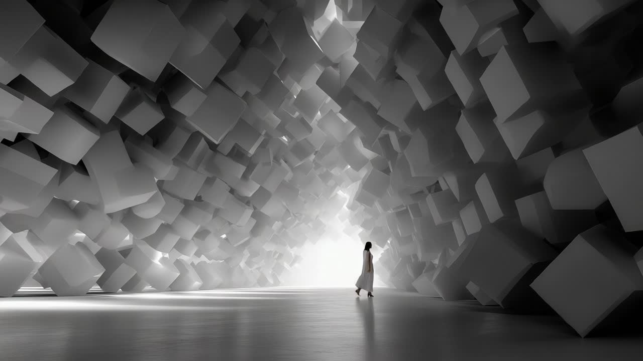 A solitary figure navigates an abstract environment filled with geometric forms, evoking feelings of isolation amidst the vast arrangement of large white cubes in a stark, minimalistic space
