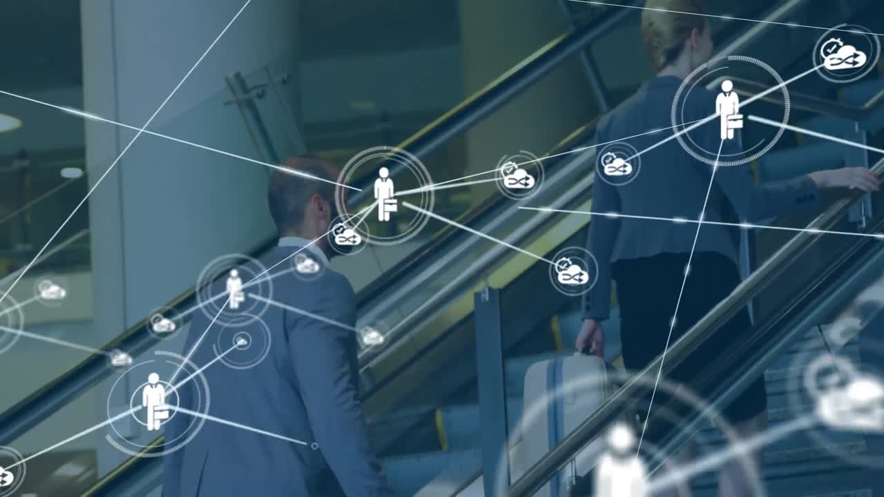 Animación de red de conexiones con iconos sobre profesionales de negocios diversos con maletas