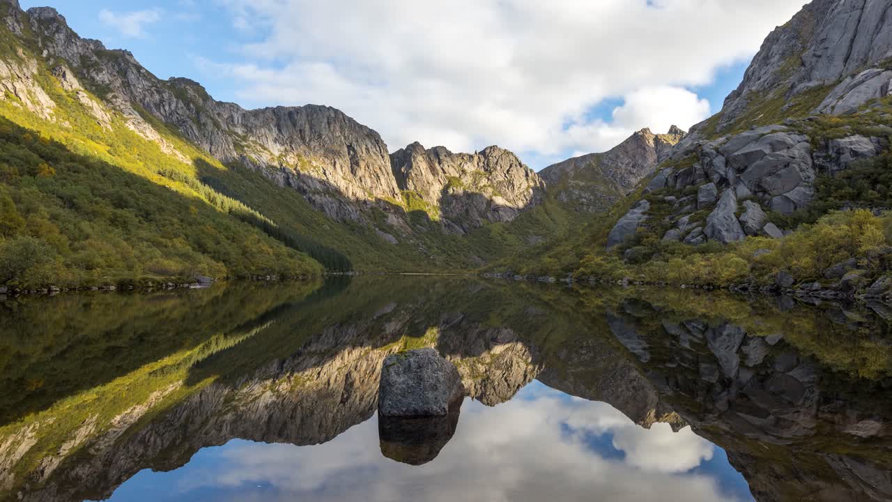 Mirrored lake, reflecting the mountains of Lofoten, Norway
