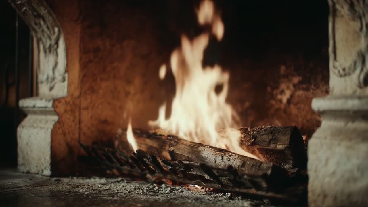 A Cozy Ember Glow: Captivating Flames Dance Vividly in the Hearth, Creating a Warm Atmosphere Ideal for Relaxation and Comfort in a Fireplace Setting