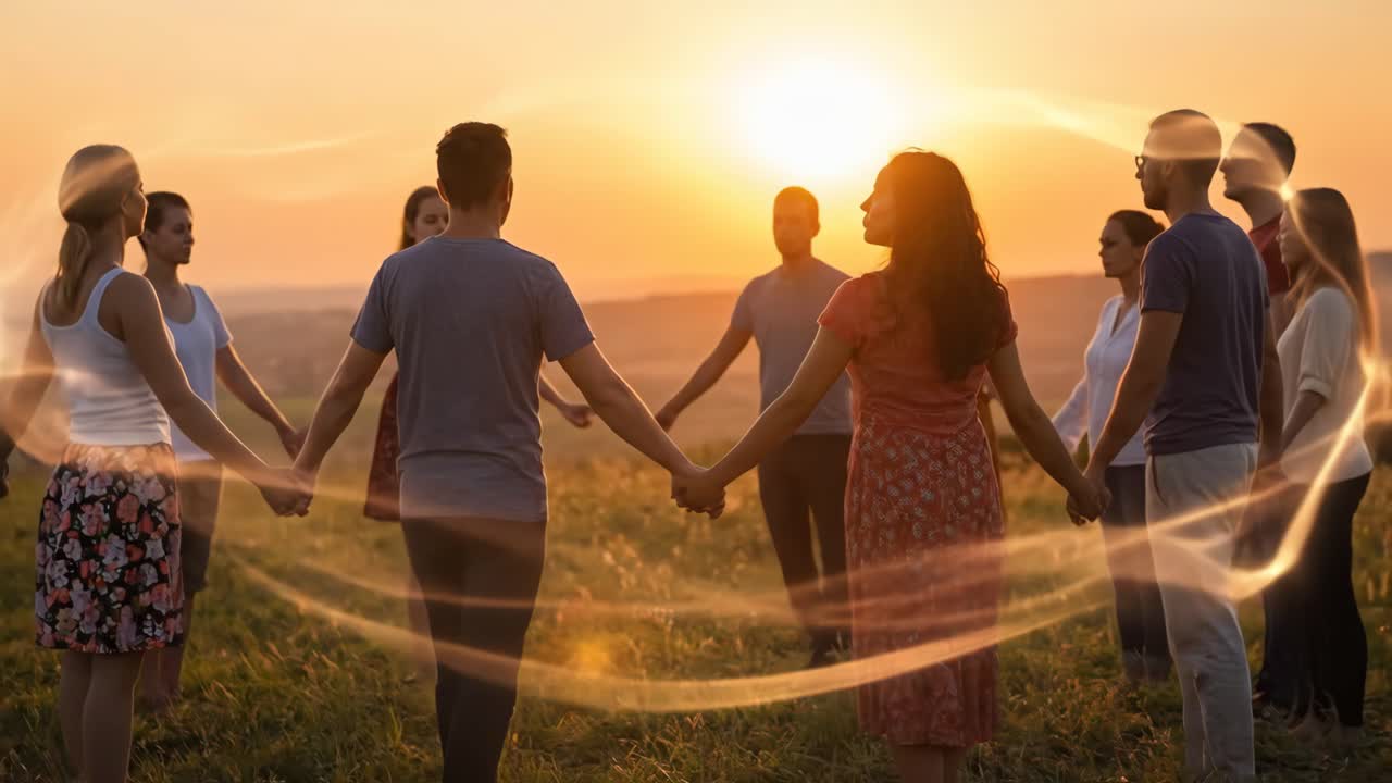 Vielfältige Gruppe, die bei Sonnenuntergang im Kreis Händchen hält, mit ätherischem Leuchten