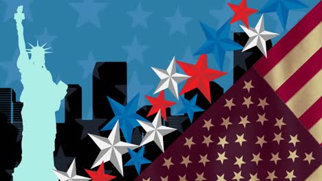 Animation-Von-Sternen,-Streifen-Und-Freiheitsstatue-über-Der-Amerikanischen-Flagge