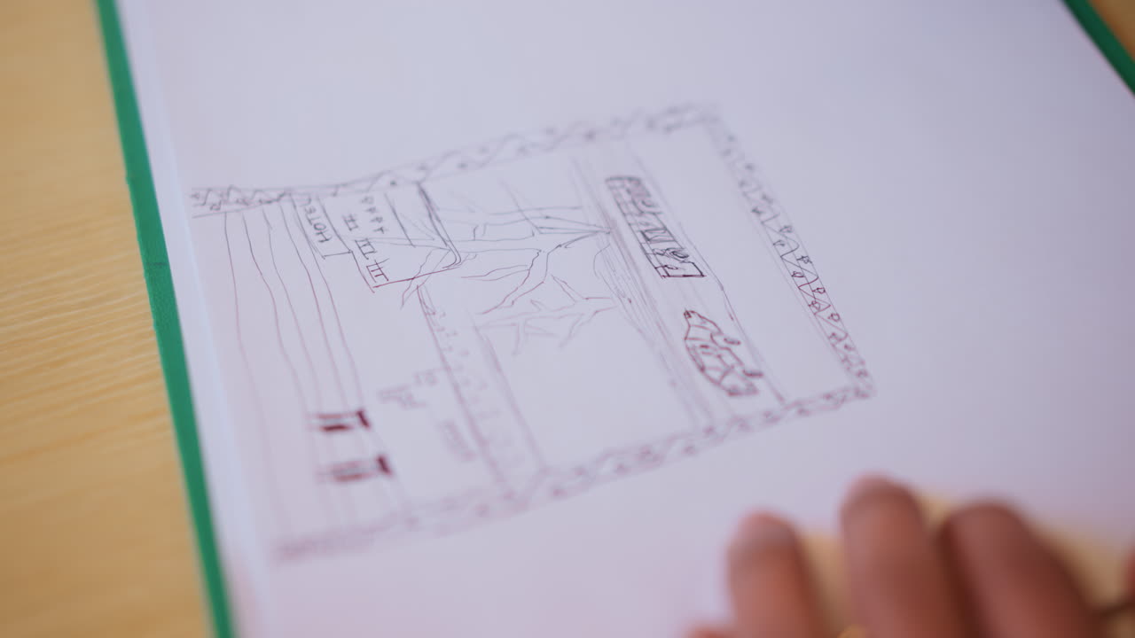 Hand resting near paper with pen drawing of scenic landscape, buildings, and car, showing creative sketch in progress on desk, colorful lines and intricate details suggest focus on imagination and design