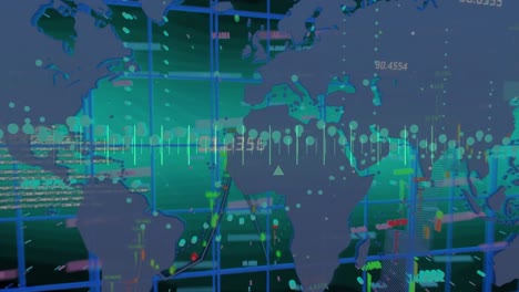 Animación-Del-Procesamiento-De-Datos-Sobre-El-Mapa-Mundial-Sobre-Fondo-Verde