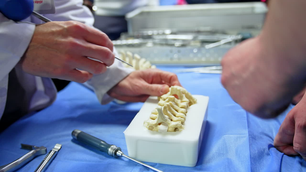 Male hands in white robe hold the tool and touch the model of a spine. Student's hand points at model. Neurosurgery training. Close up.