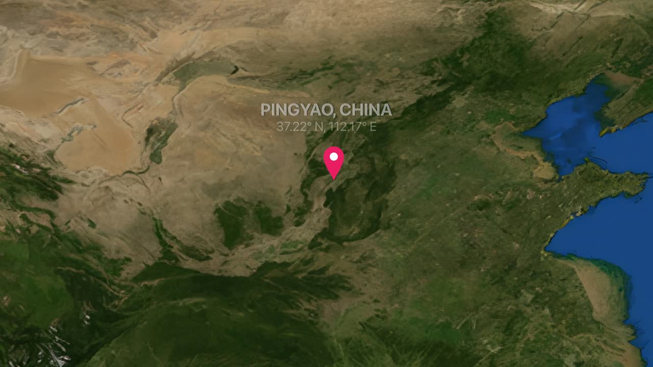 A digital earth animation zooms from a global map into Pingyao China with location marker