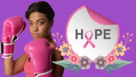 Animation-of-hope-text-over-african-american-woman-wearing-boxing-gloves-on-purple-background