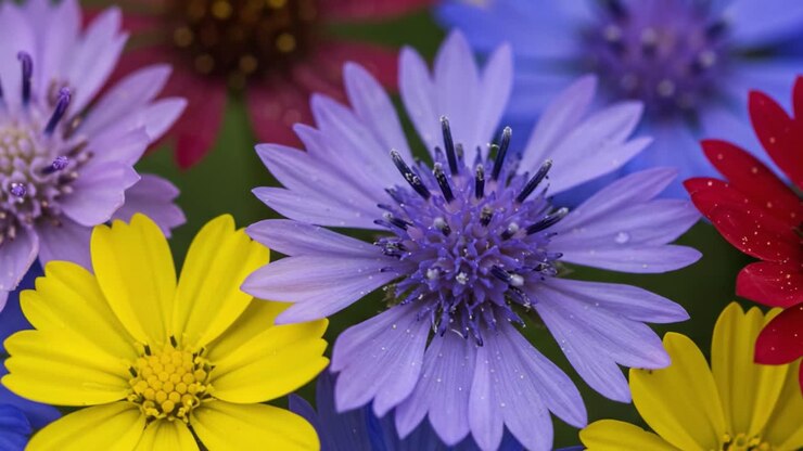 Una vibrante exhibición de flores coloridas: un llamativo arreglo de flores moradas, amarillas y rojas que muestra la belleza de la naturaleza en detalle de primer plano