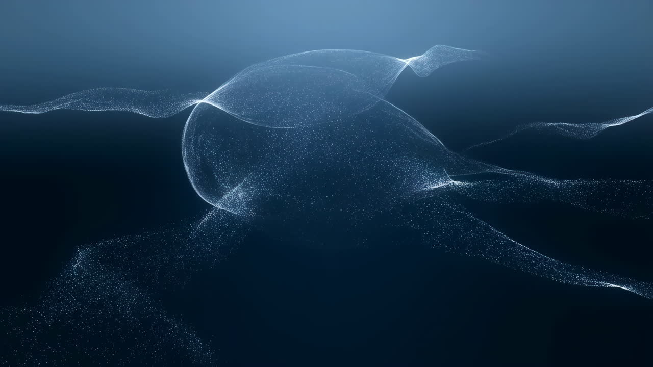 Abstract Digital Particle Wave Flow on Dark Blue Background