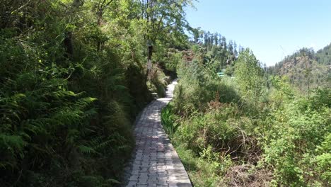 the road runs through the middle of the mountains.