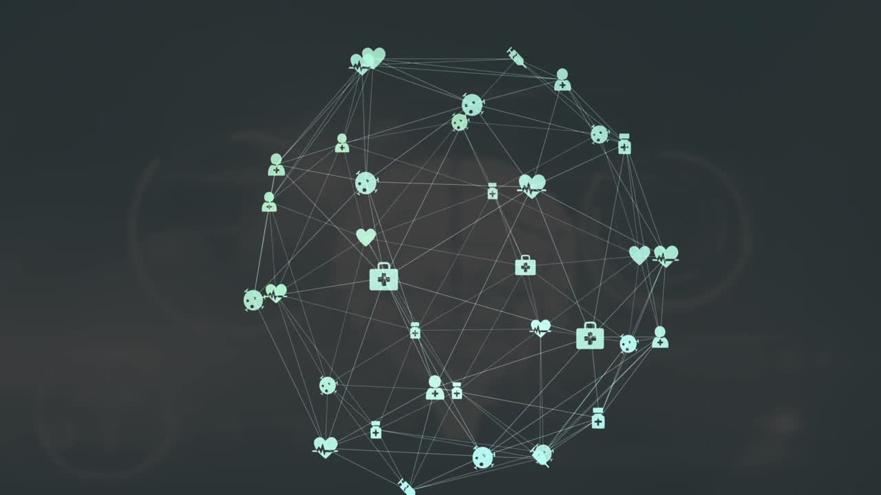 Composizione di rete di connessioni con icone e punti luce su sfondo nero.