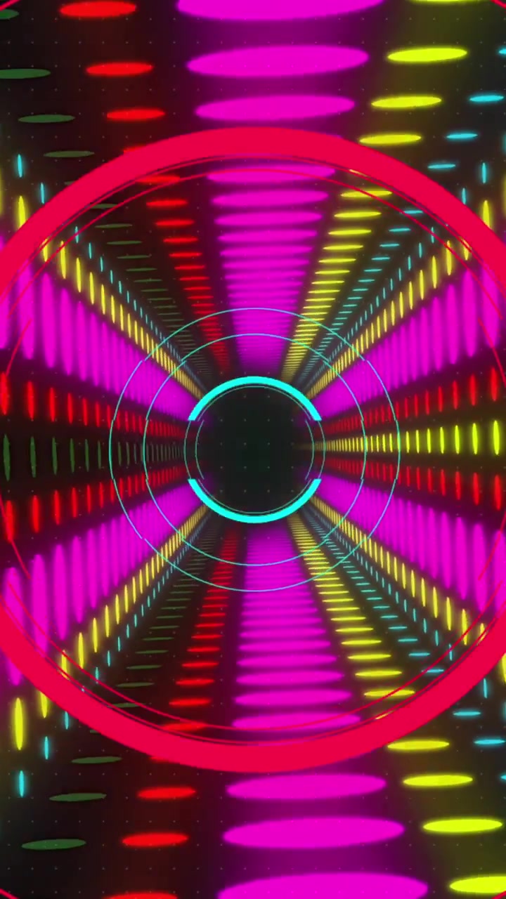 Animazione di cerchi, punti colorati e tunnel digitale su sfondo nero