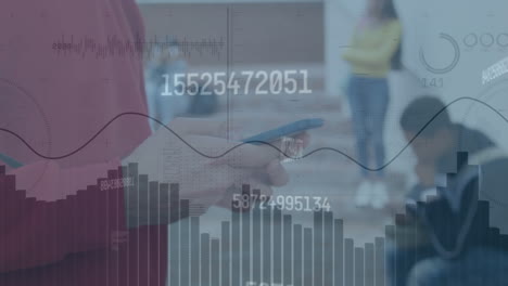animación del procesamiento de datos estadísticos contra la sección media de un hombre que usa un teléfono inteligente en la oficina