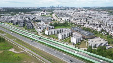 Wilanow,-Drone-aerial-photo-of-modern-residential-buildings-in-Wilanow-area-of-Warsaw,-Poland