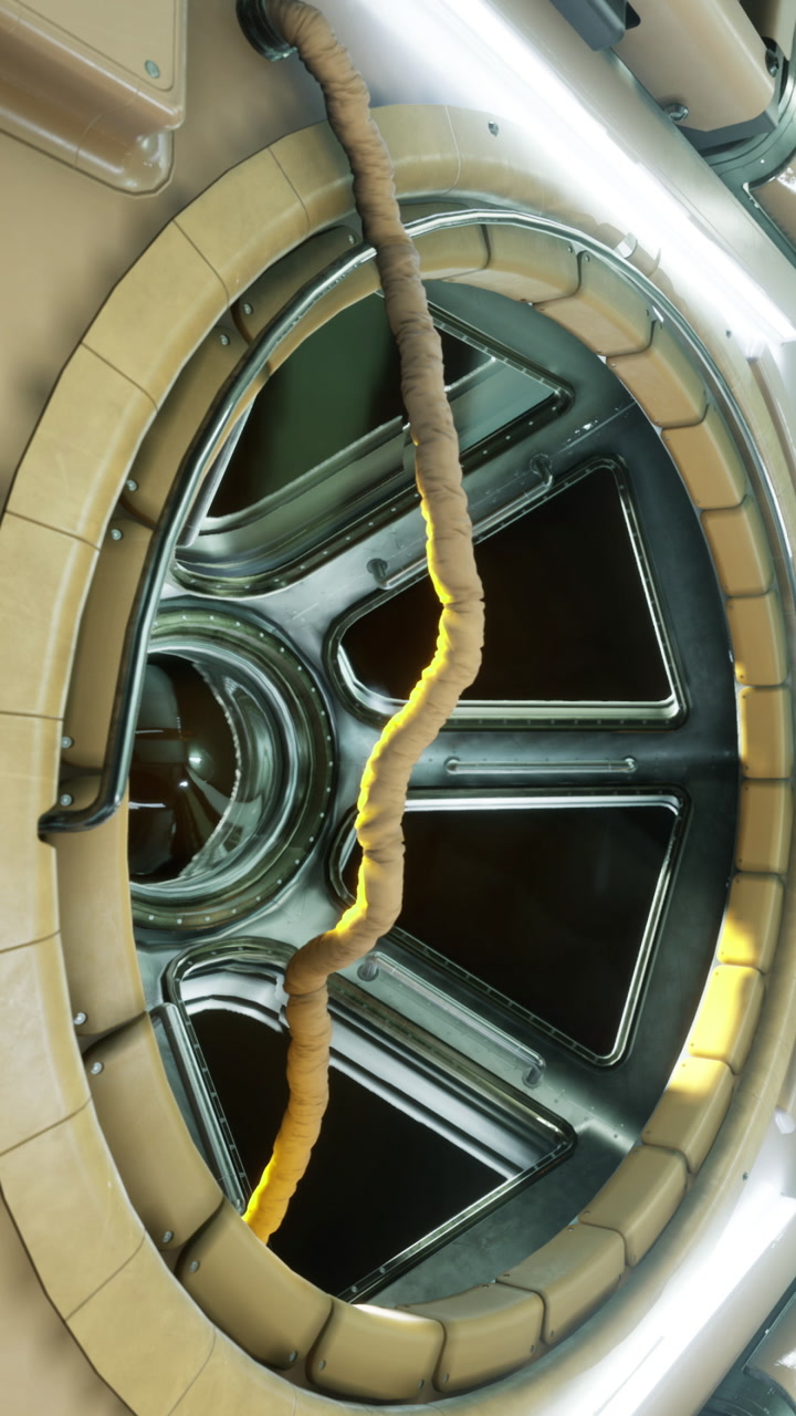 Space station interior showing a large circular window and equipment