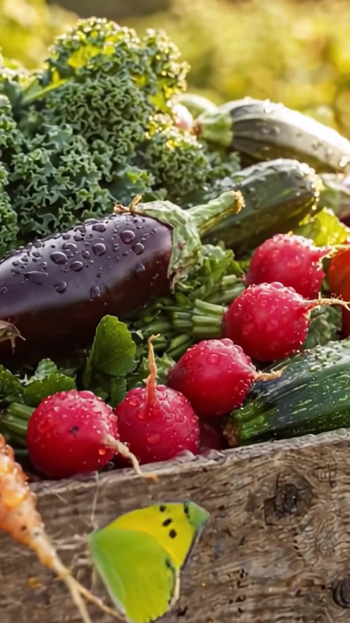Una Cosecha Abundante: Verduras Frescas y Hortalizas con Gotas de Rocío Recogidas en una Cesta de Madera, Representando la Abundancia y la Salud de la Naturaleza