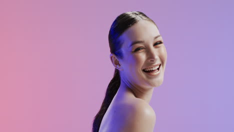 smiling caucasian woman with brown hair and make up, copy space, slow motion