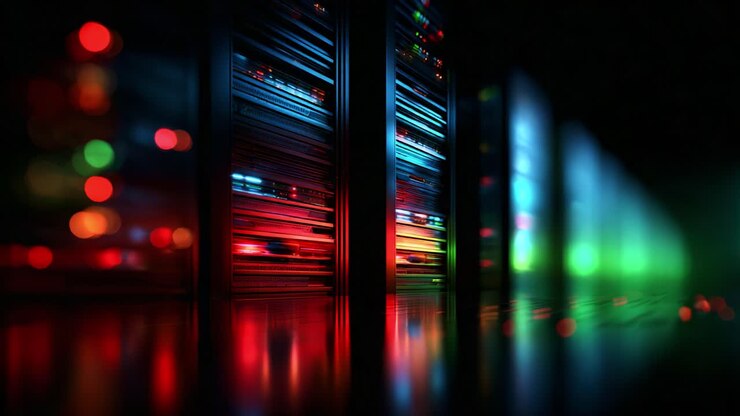 Una straordinaria esposizione di rack server colorati illuminati al buio, che mette in mostra la tecnologia avanzata e le capacità di archiviazione dati in un moderno ambiente digitale