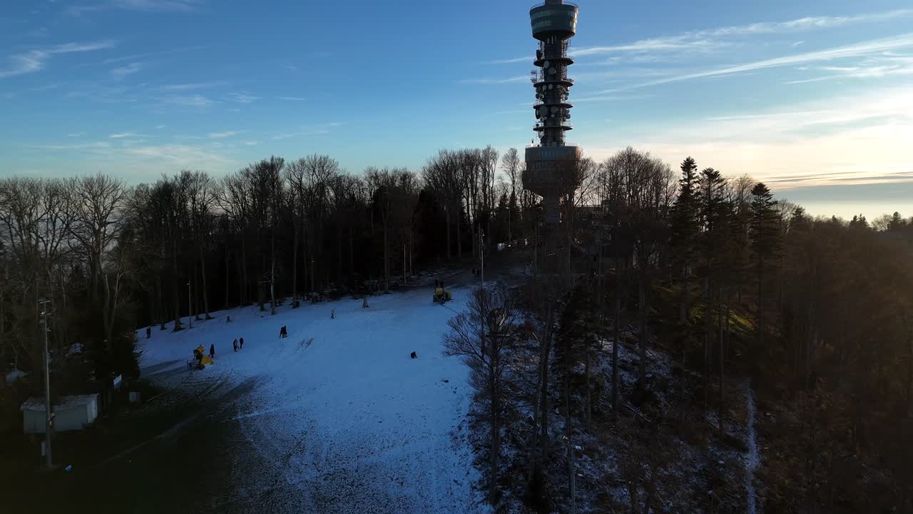 Aerial view of the top of Medvednica mountain in Zagreb in winter in 4k