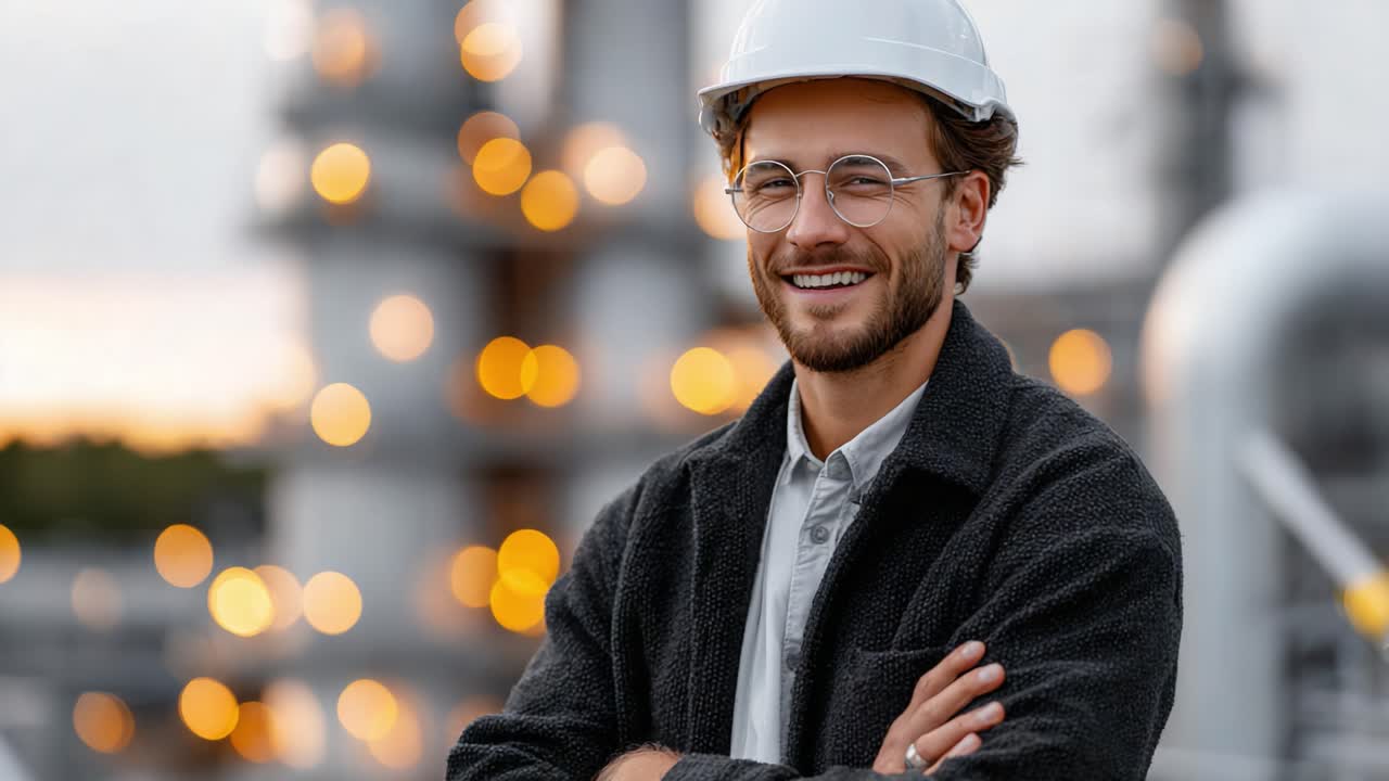 Confident Engineer in Safety Helmet Smiles on Industrial Site with Warm Bokeh Background Showcasing Professionalism and Expertise in Modern Engineering Environment