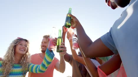 felices amigos diversos bebiendo un brindis y riendo en el sol en una fiesta en la piscina, cámara lenta