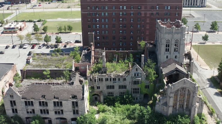 Abandoned historic City Methodist Church in Gary, Indiana with drone video moving in