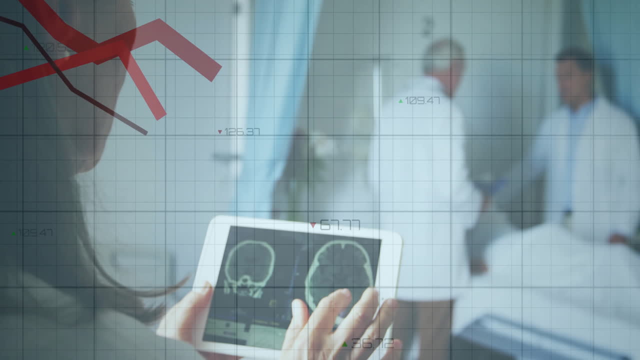 병원에서 다양한 남성과 여성 의사에 대한 데이터 처리의 애니메이션