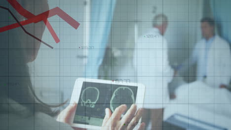 animation of data processing over diverse male and female doctors in hospital