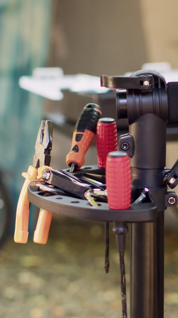 Close-up of Bicycle Repair Stand with Tools