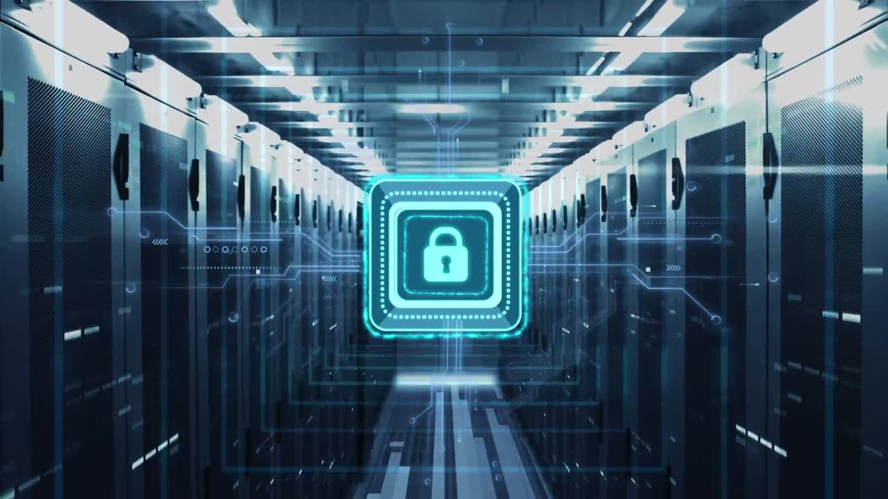 Animation of data processing with online security padlock over computer circuit board