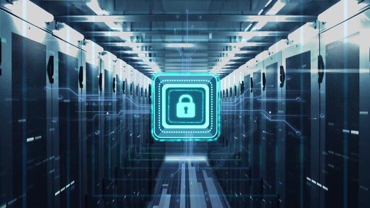 Animation of data processing with online security padlock over computer circuit board