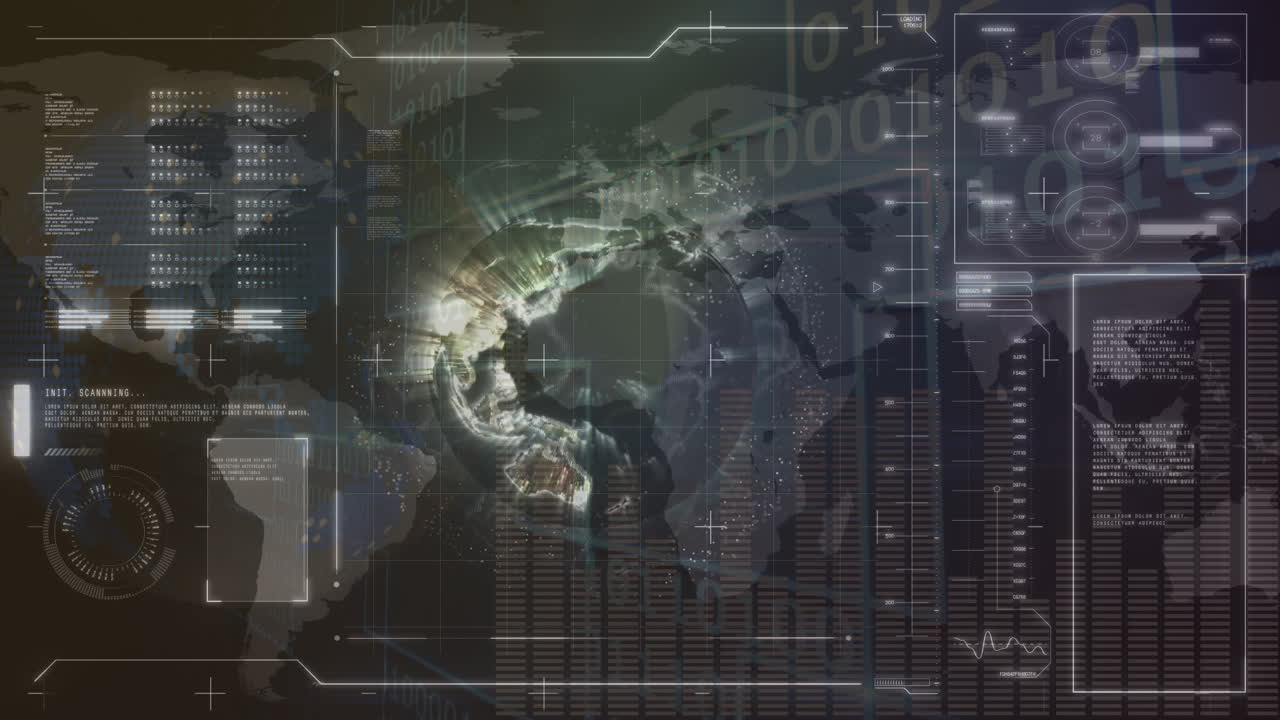 이진 코드에 대한 회전하는 지구와 데이터베이스와 함께 디지털 인터페이스의 애니메이션