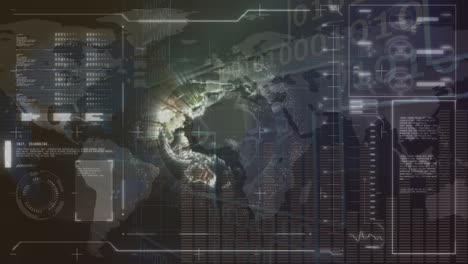 animation of digital interface with rotating globe and database against binary codes