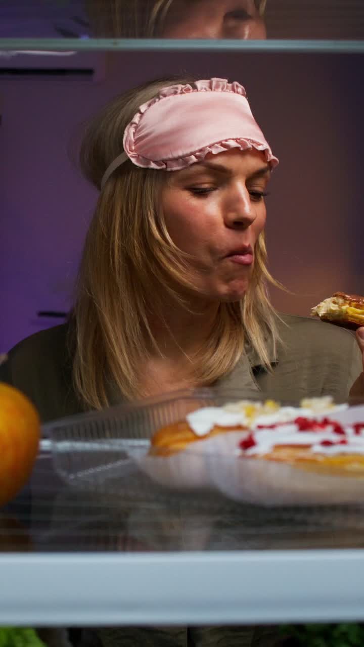 Woman Eating Dessert from Refrigerator at Night
