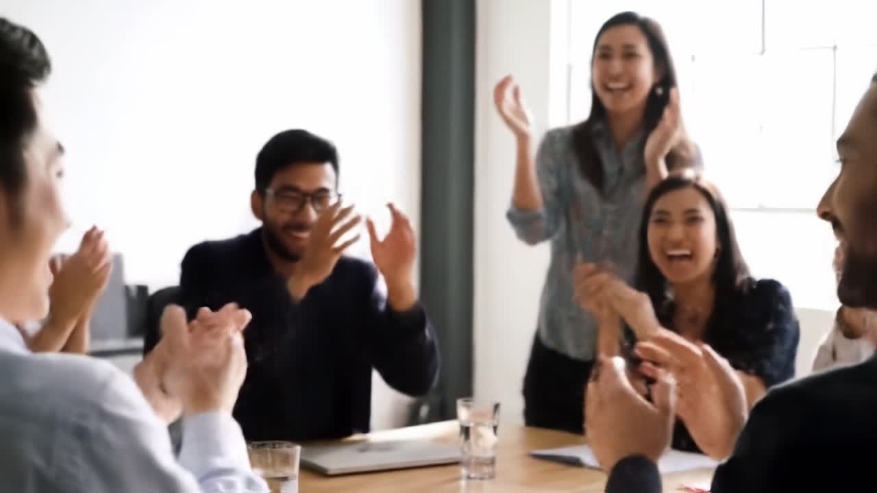 A dynamic business meeting where team members enthusiastically engage, celebrate achievements, and foster collaboration in a bright, modern workspace