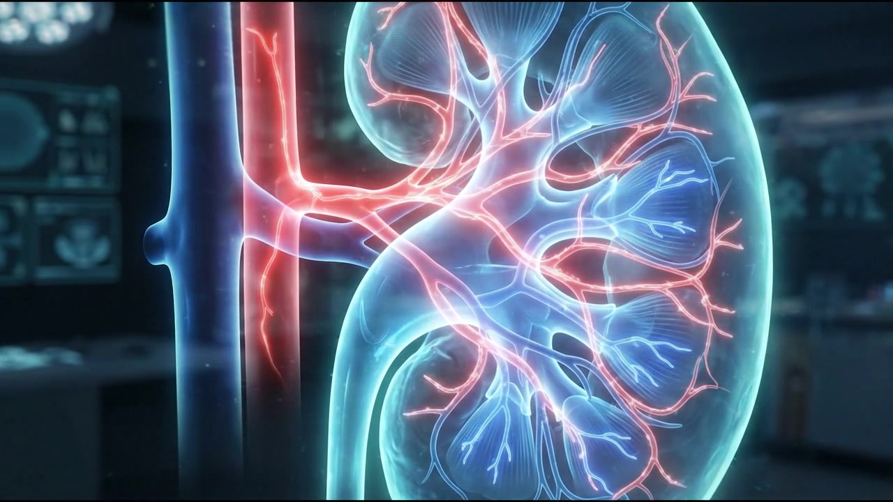 Modello anatomico 3D di rene umano blu luminoso con vasi sanguigni