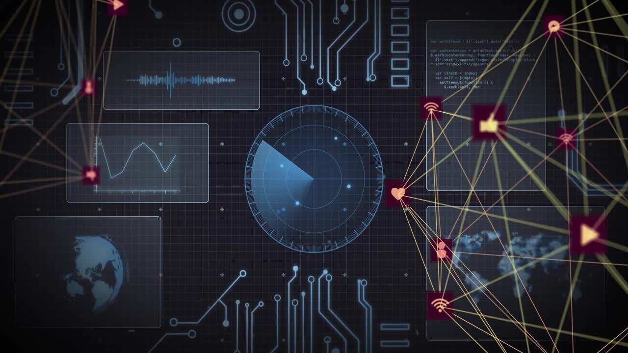 Animation of network of connections with icons over data processing on black background