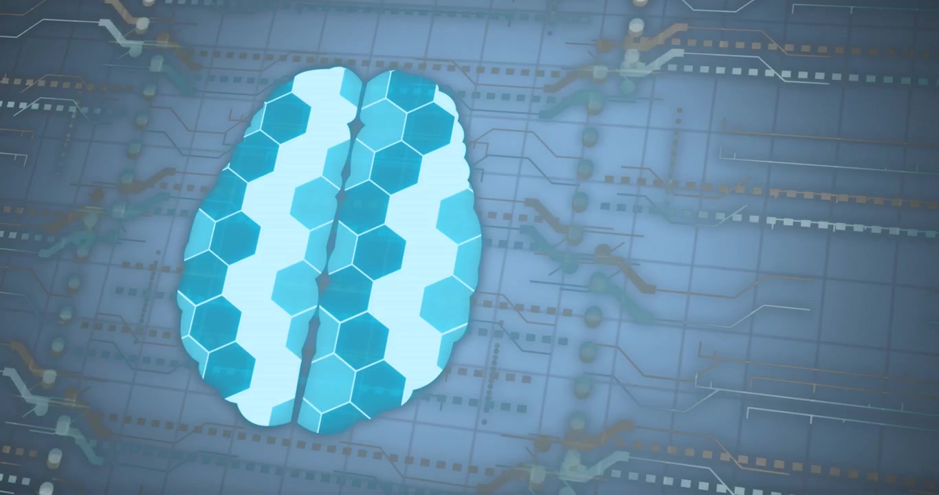Animation of human brain, circuit board and data processing over blue background