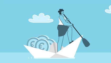 cartoon woman sailing on paper boat filled with euro coins. flat design 2d character loop animation with alpha channel