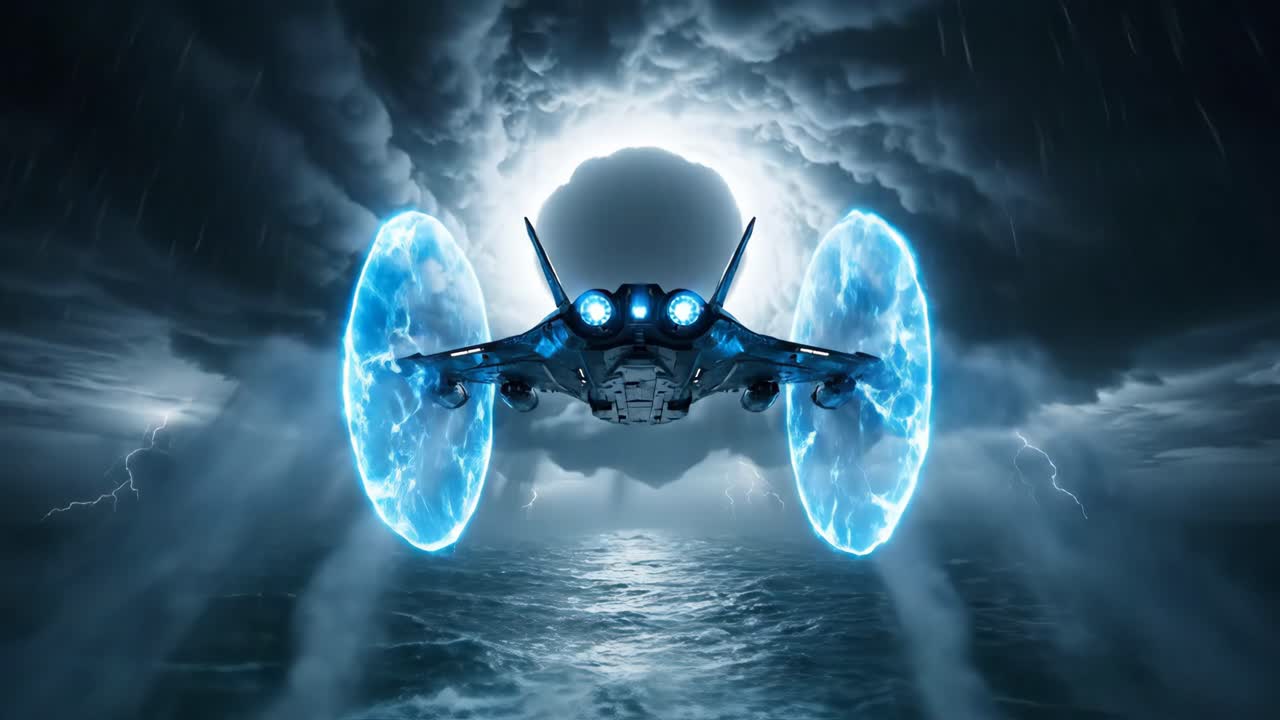 Fighter jet flying through a storm with portals