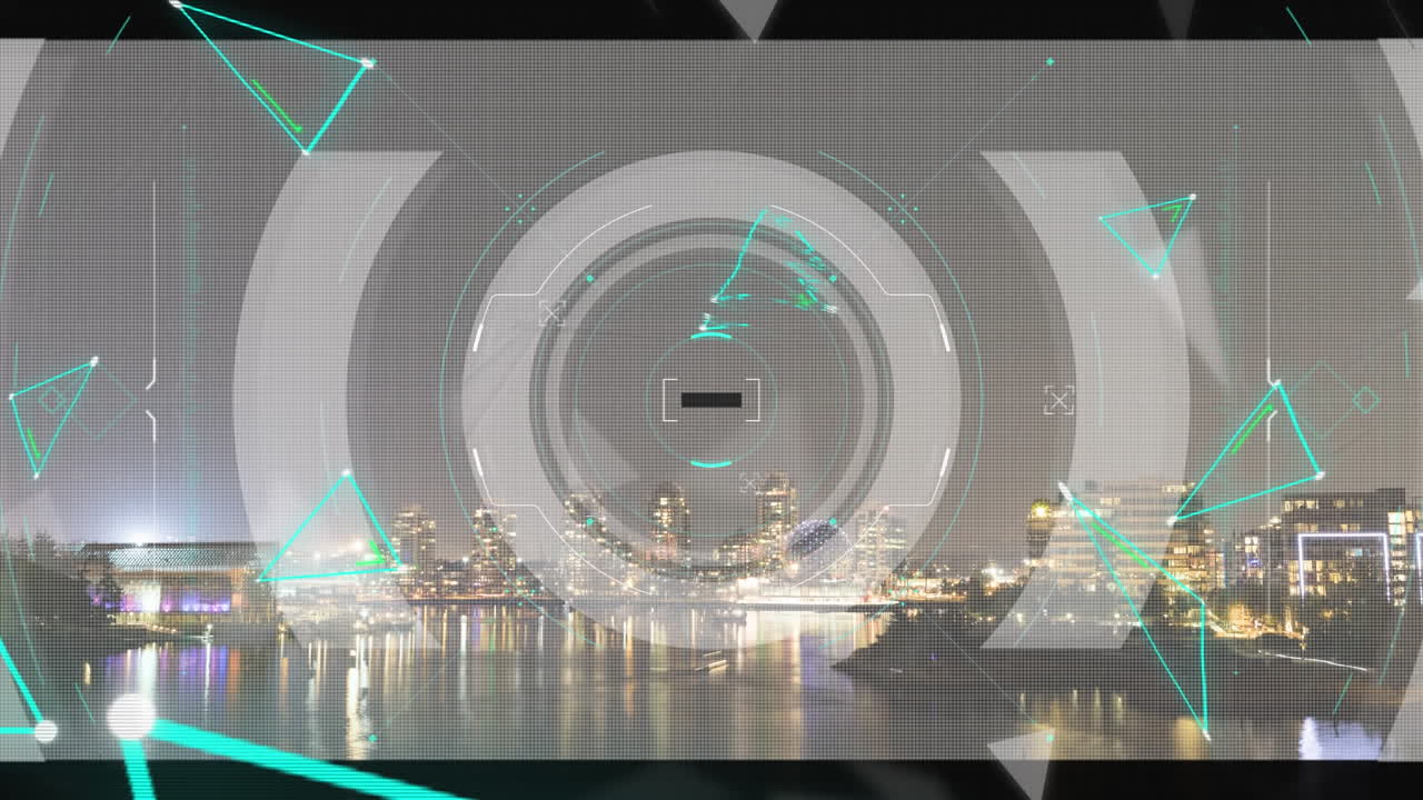 도시 풍경 배경 위의 범위 스캔과 삼각형의 애니메이션