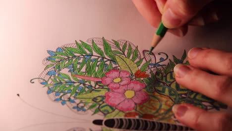 woman coloring an adult coloring book with precision