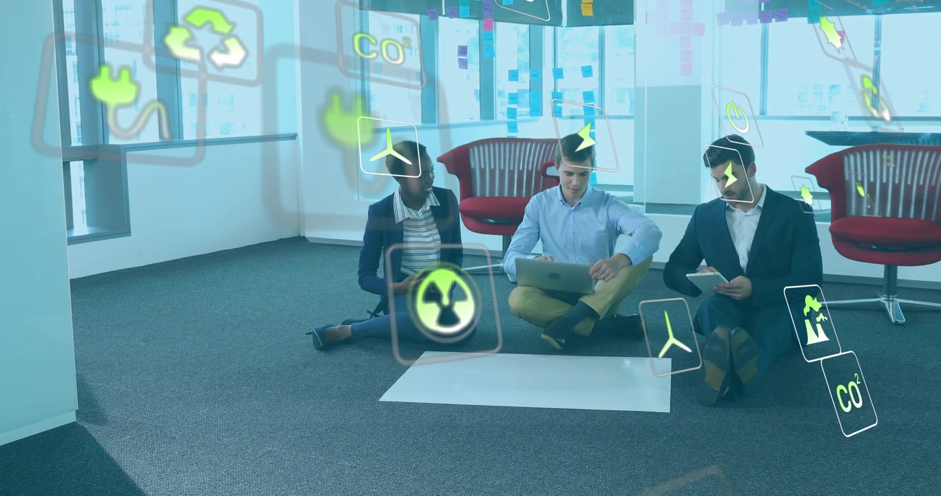 Animation of green technology icons, diverse colleagues with laptop and tablet analyzing blueprint