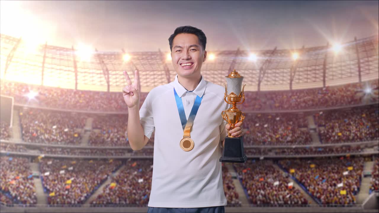 금메달과 트로피를 들고 있는 아시아인 남자가 평화의 몸짓을 하고 카메라에 미소를 지으며 경기장에서 첫 번째 우승자입니다.