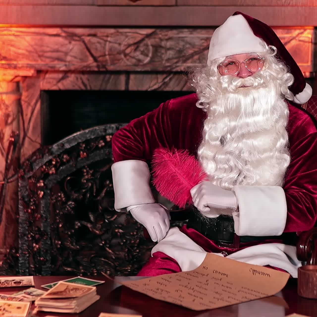 Santa Claus sitting indoors in front of fire place. Santa writing a letter with a red feather. Christmas cards beside the letter